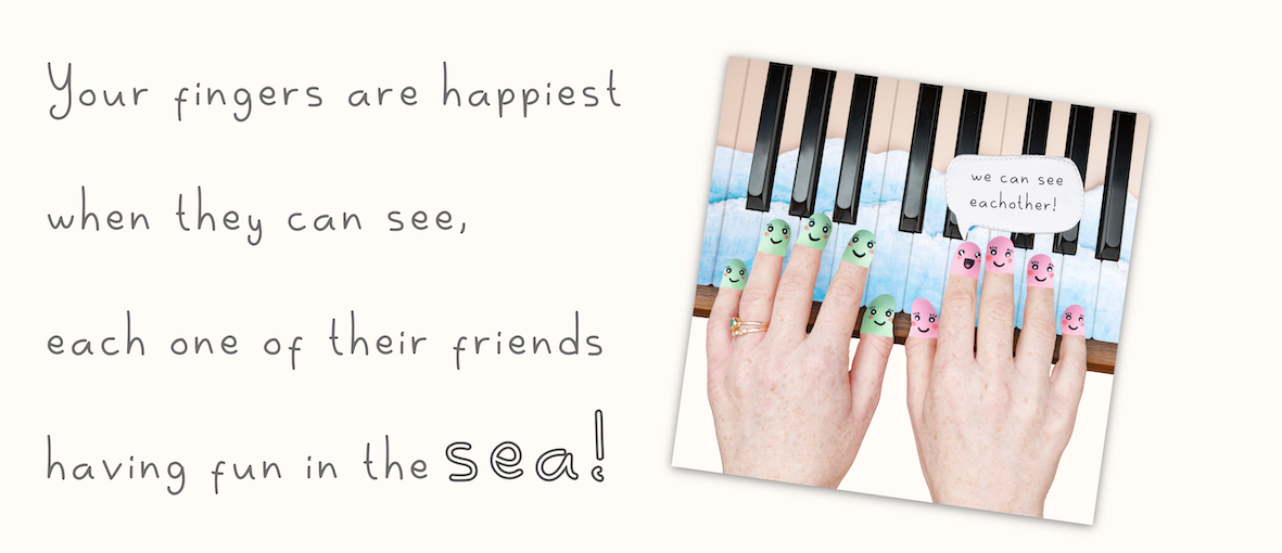 Simple piano book, story for kids with art about the sea (example page 1) 